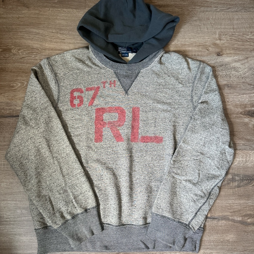 Polo Ralph Lauren RL 67th Hoodie Men's XL Pullover Sweatshirt Gray Retro